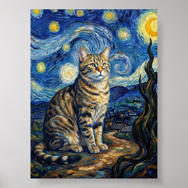 Poster Gato Van Gogh Noite Estrelada Arte Impressionista (Frente)