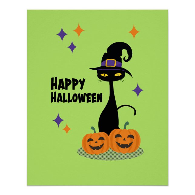 Póster Gato Verde de Halloween Atômico de Meados do Sécul (Frente)