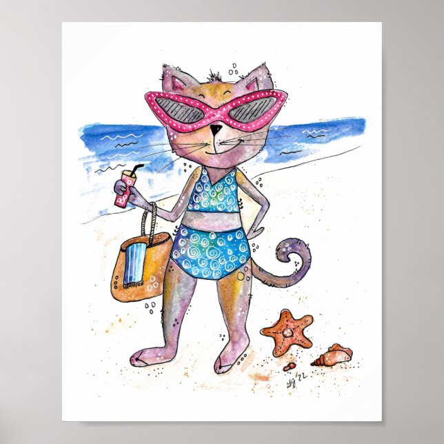 Poster Gato Whimsical na Praia (Frente)