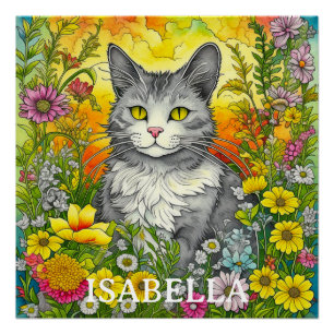 Póster Gato Whimsical Personalizado e Flores