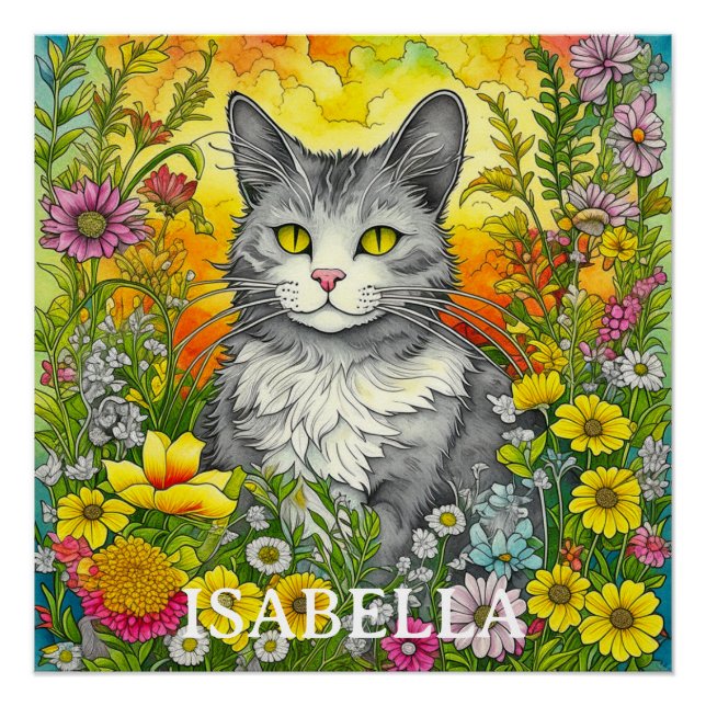 Póster Gato Whimsical Personalizado e Flores (Frente)