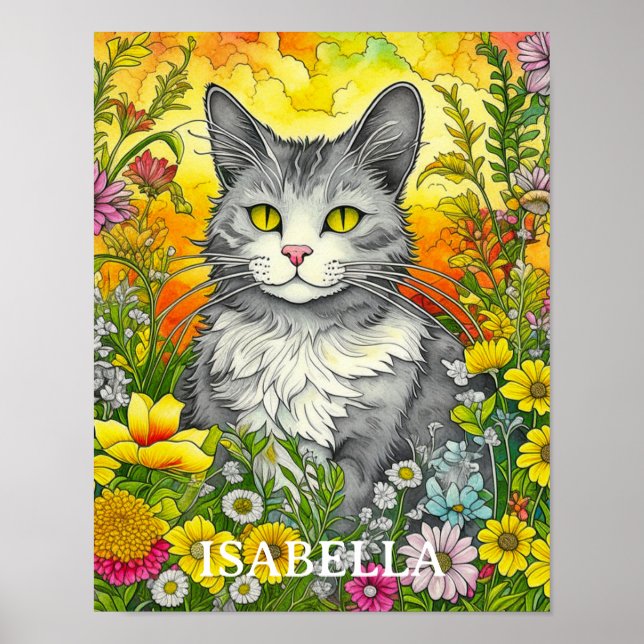 Poster Gato Whimsical Personalizado e Flores (Frente)
