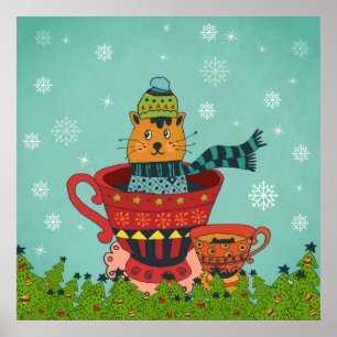 Poster Gato Whimsso Sentado em um Natal Teacup