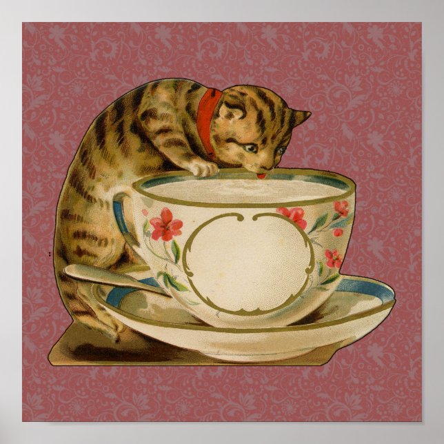 Poster Gato Xícara Fofo Vitoriano Antigo Pet Clássico (Frente)