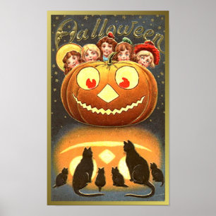 Póster Gatos assistindo crianças e abóbora durante o Di