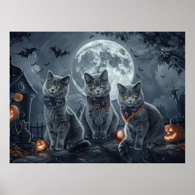 Poster Gatos Azuis Russos Halloween Assustador (Frente)