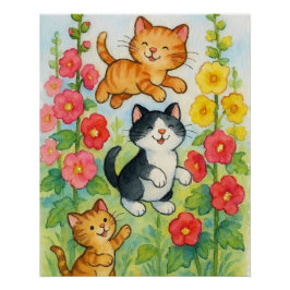 Póster Gatos Campestres Brincando no Jardim de Flores