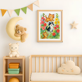 Poster Gatos Campestres Folgazões no Jardim de Flores