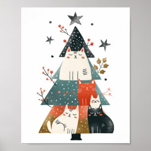 Poster Gatos Caprichosos de Aquarela na Árvore de Natal