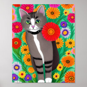 Poster Gatos Cinza e Branco Caprichosos e Flor Vermelha