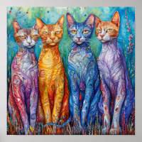 Gatos Coloridos Pintura Animal Caprichoso Vibrante