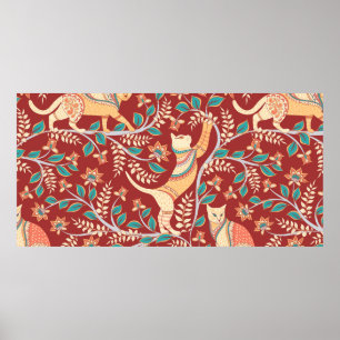 Poster Gatos com ornamentos, ramos com flores e folhas
