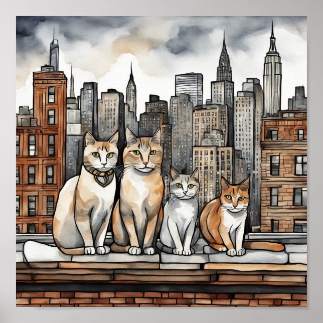 Poster Gatos da Cidade de Nova York (aquarela) (Frente)