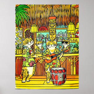 Poster Gatos de Férias em uma Ilha em um Bar Tiki