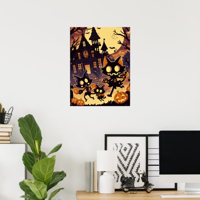 Poster Gatos de Halloween pela Casa Assombrada (Escritório em casa)