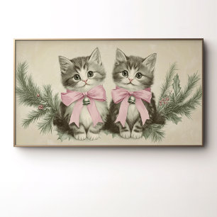 Poster Gatos de Natal Vintage com Laços Rosa