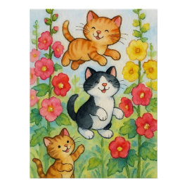 Póster Gatos-do-campo espumantes em jardim de flores
