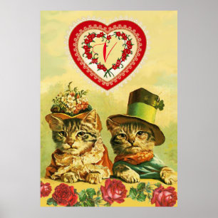 Poster GATOS DO DIA DOS NAMORADOS À ANTIGA, Corações, Ros