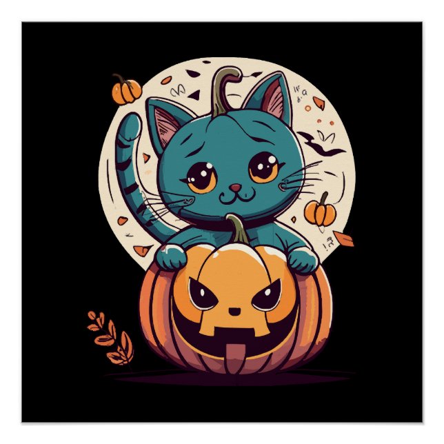 Póster Gatos e Abóboras para um Feliz Halloween! (Frente)