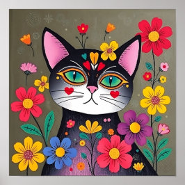 Poster Gatos e flores de arte em preto