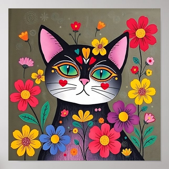 Poster Gatos e flores de arte em preto (Frente)