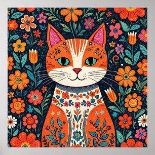 Poster Gatos e Flores de Arte Folical Whimsical