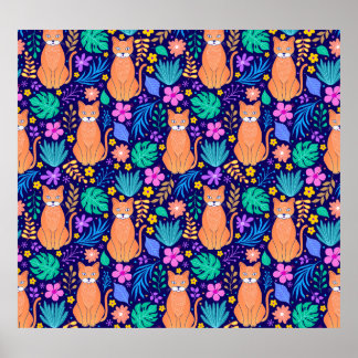 Poster Gatos e flores tropicais: padrão escuro