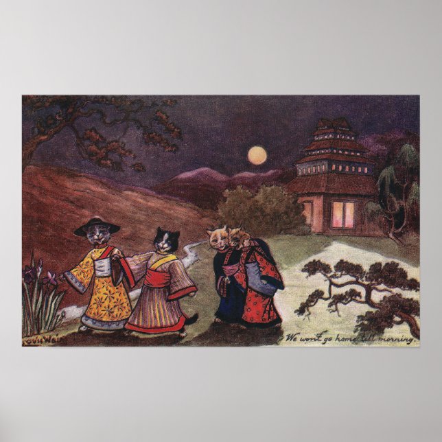 Póster Gatos em Kimonos Levam o Stroll Noturno Tarde (Frente)