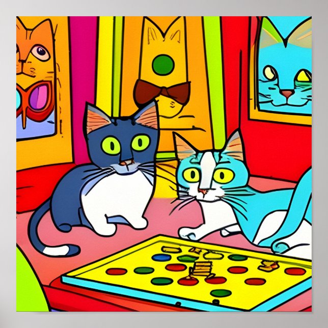 Poster Gatos estranhos jogando jogos de Conselho (Frente)