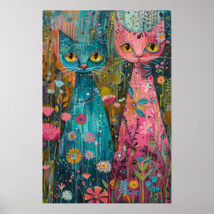 Poster Gatos Florais no Campo Daisy: Peça de Arte Vibrant