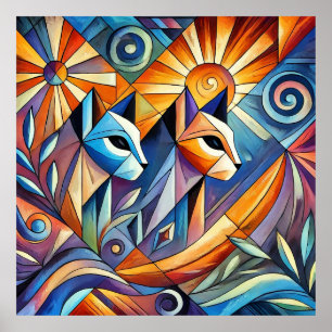 Poster Gatos Geométricos Abstratos com Cores Vibrantes