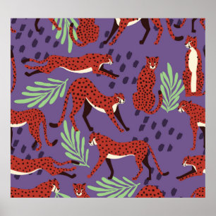 Poster Gatos grandes exóticos, padrão de plantas tropicai