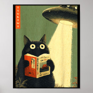Poster Gatos japoneses vintage amantes de livros ufo alie