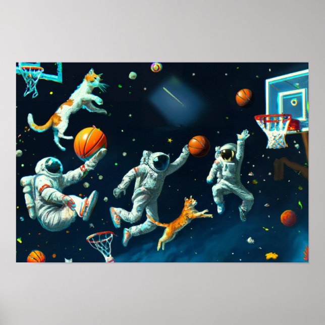 Poster Gatos Jogando Basquete no Espaço com Astronautas (Frente)