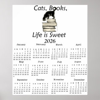Poster Gatos, Livros A Vida é Doce 2026 Calendário de Uma
