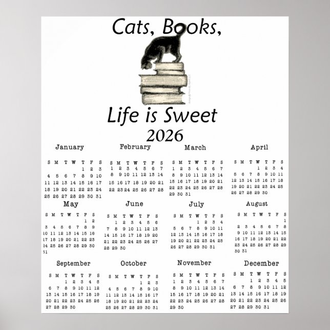 Poster Gatos, Livros A Vida é Doce 2026 Calendário de Uma (Frente)