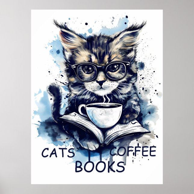 Poster Gatos Livros Café Coffee Watercolor Bot Abstrato (Frente)