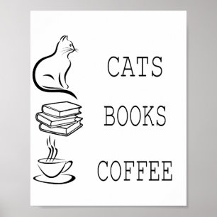 Poster Gatos Livros Café para Leitores Que Adoram Café