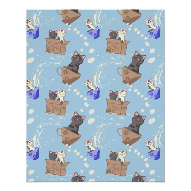 Póster Gatos na caixa e leite cai em azul (Frente)