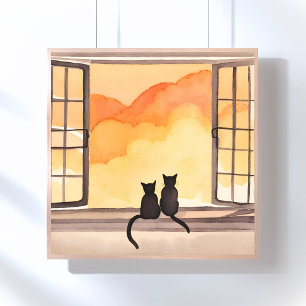 Poster Gatos na Janela Silhueta de Aquarela do Pôr do S