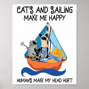 Poster Gatos Navegando Me Fazem Feliz Vela Barco Âncora V
