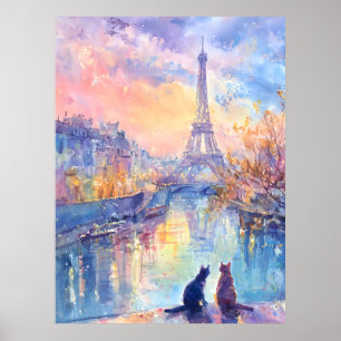 Poster Gatos no Crepúsculo de Paris – Romance em Aquarela