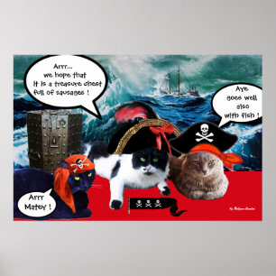 POSTER GATOS PIRATAS FALANTES E NAVIO NA TEMPORAL NO MAR