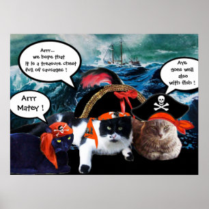 PÓSTER GATOS PIRATAS FALANTES E NAVIO NA TORMENTA MARÍTIM