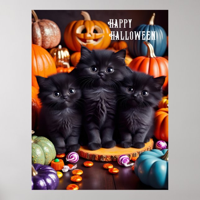 Poster Gatos Pretos do Dia das Bruxas com Abóboras e Doce (Frente)