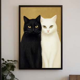 Poster Gatos Pretos e Brancos em Pintura de Fundo Dourado