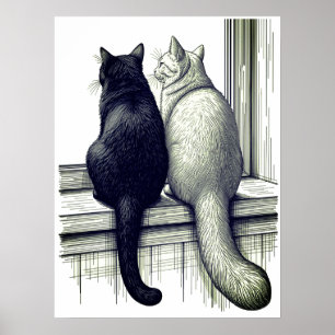 Poster Gatos Pretos e Brancos na Janela