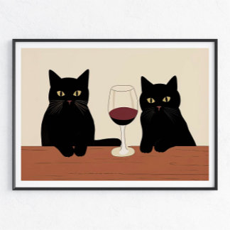 Poster Gatos Pretos e Vinho Tinto Minimalista