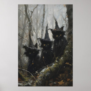 Poster Gatos Pretos Fofos em Chapéus de Bruxa Cottagecore