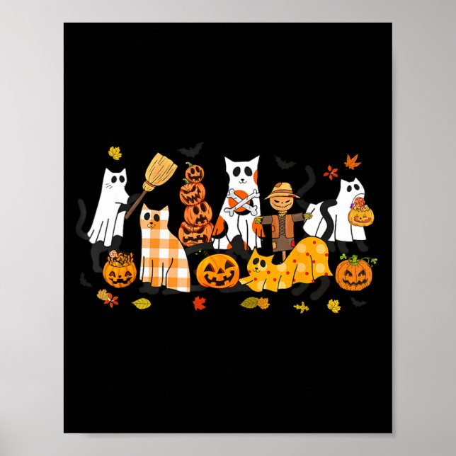 Poster Gatos Pretos Fofos Fantasma Halloween Abóbora Aman (Frente)